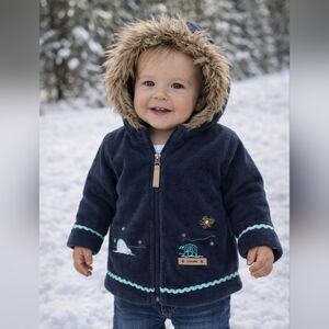 Inuk Navy Fleece Baby Jacket 18M Hooded Zip Faux Fur Trim Winter Coat Toddler